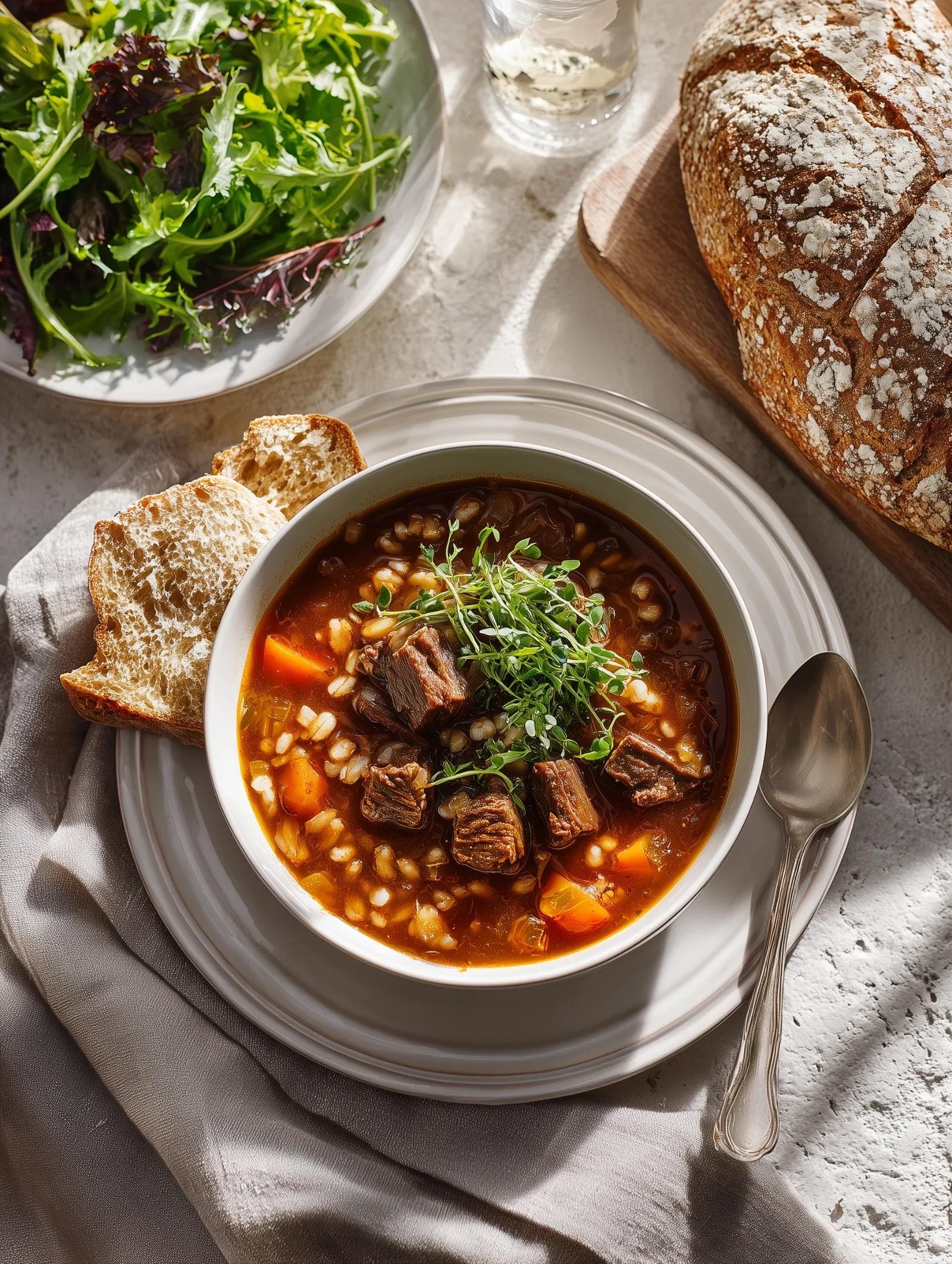 Zuppa di manzo e orzo servita con pane e insalata